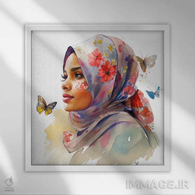 تابلو زن مسلمان عرب با گلهای آبرنگی ۱ اثر استودیو کروماتیک فیوژن - نمای قابدار سفید
