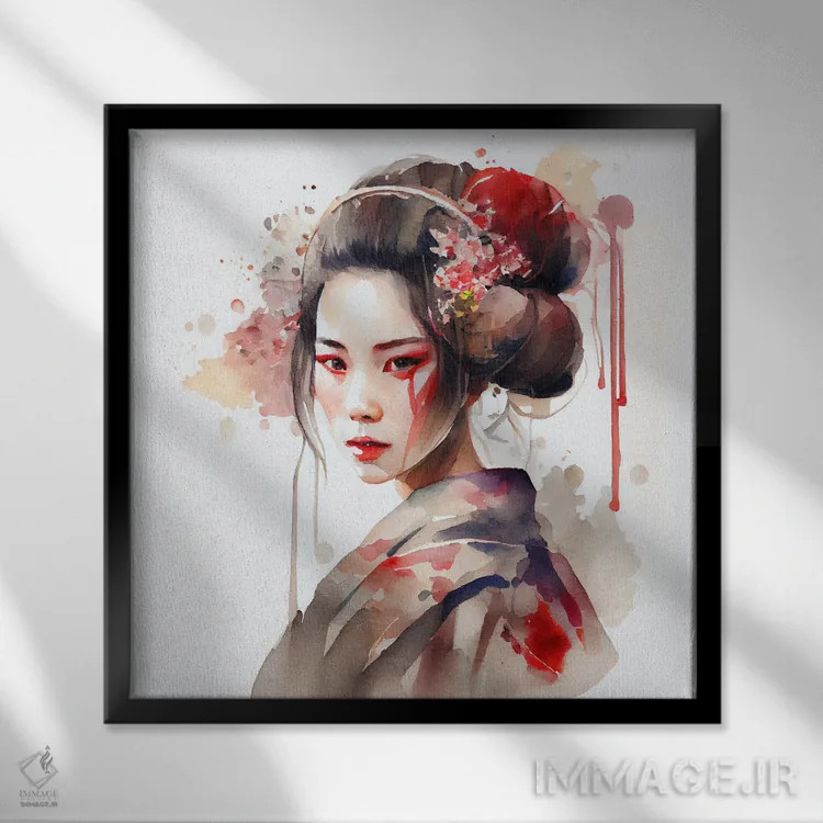 تابلو گیشای مدرن آبرنگی دوم اثر استودیو کروماتیک فیوژن - نمای قابدار مشکی