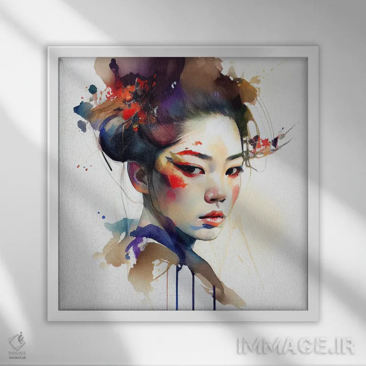 تابلو گیشای مدرن آبرنگی یکم اثر استودیو کروماتیک فیوژن - نمای قابدار سفید