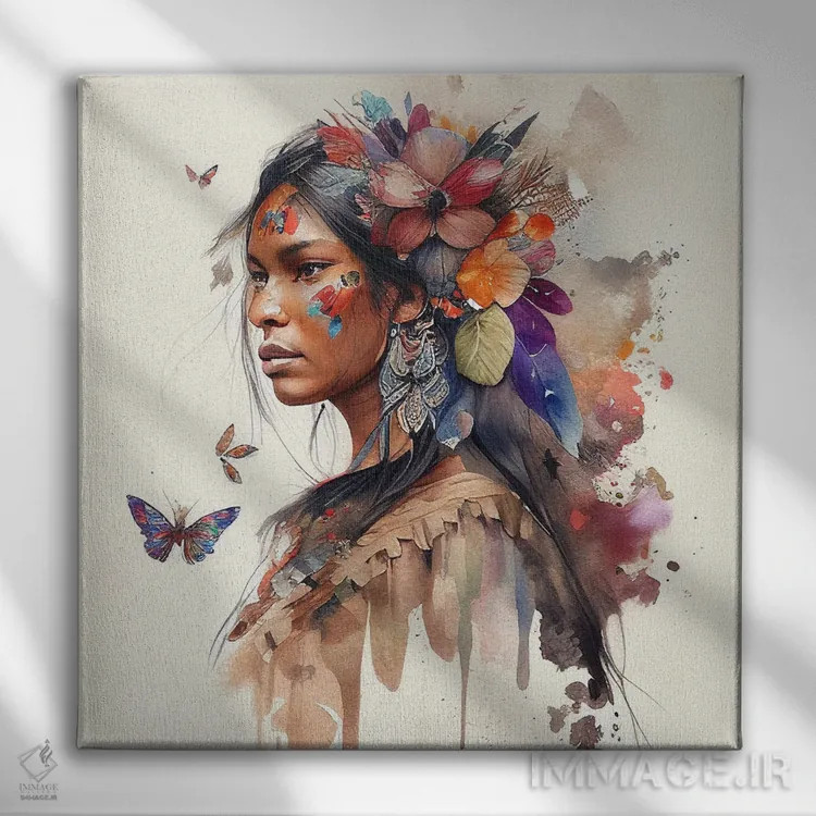 تابلو زن بومی هندی با گلهای آبرنگی ۹ اثر استودیو کروماتیک فیوژن - نمای روبهرو روی دیوار