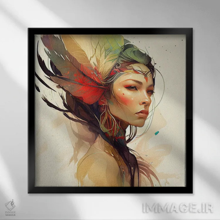 تابلو زن بومی هندی با گلهای آبرنگی ۱۴ اثر استودیو کروماتیک فیوژن - نمای قابدار مشکی