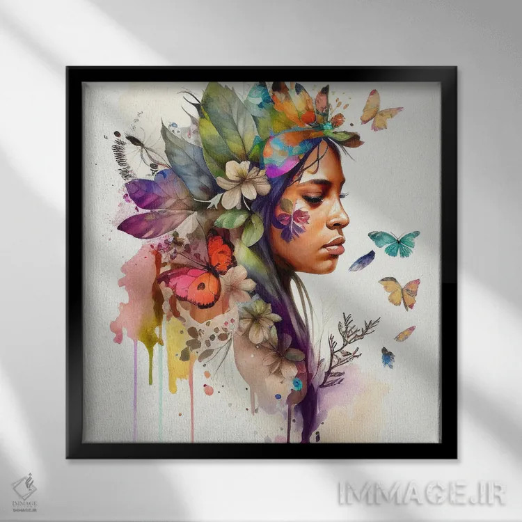 تابلو زن بومی هندی با گلهای آبرنگی ۱۰ اثر استودیو کروماتیک فیوژن - نمای قابدار مشکی