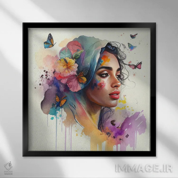 تابلو زن عرب با گلهای آبرنگی یکم اثر استودیو کروماتیک فیوژن - نمای قابدار مشکی