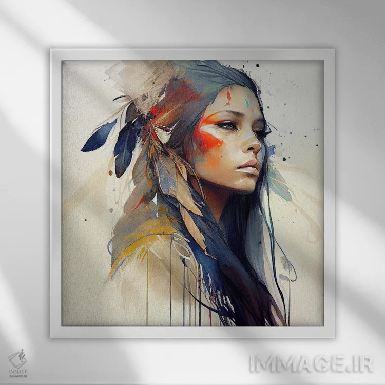 تابلو زن بومی هندی با گلهای آبرنگی ۱۳ اثر استودیو کروماتیک فیوژن - نمای قابدار سفید