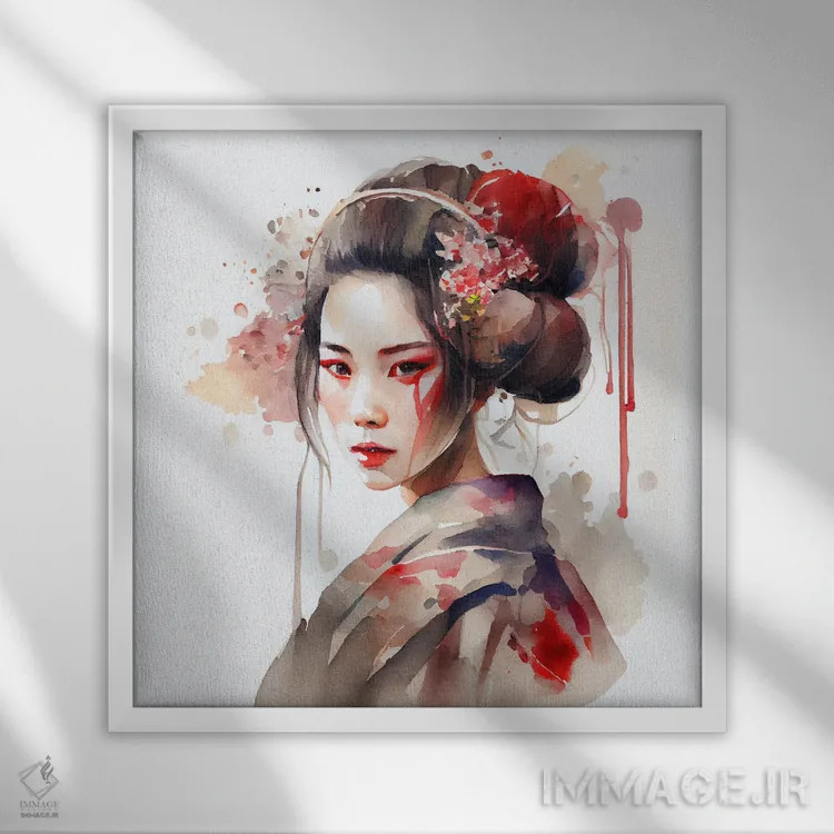 تابلو گیشای مدرن آبرنگی دوم اثر استودیو کروماتیک فیوژن - نمای قابدار سفید