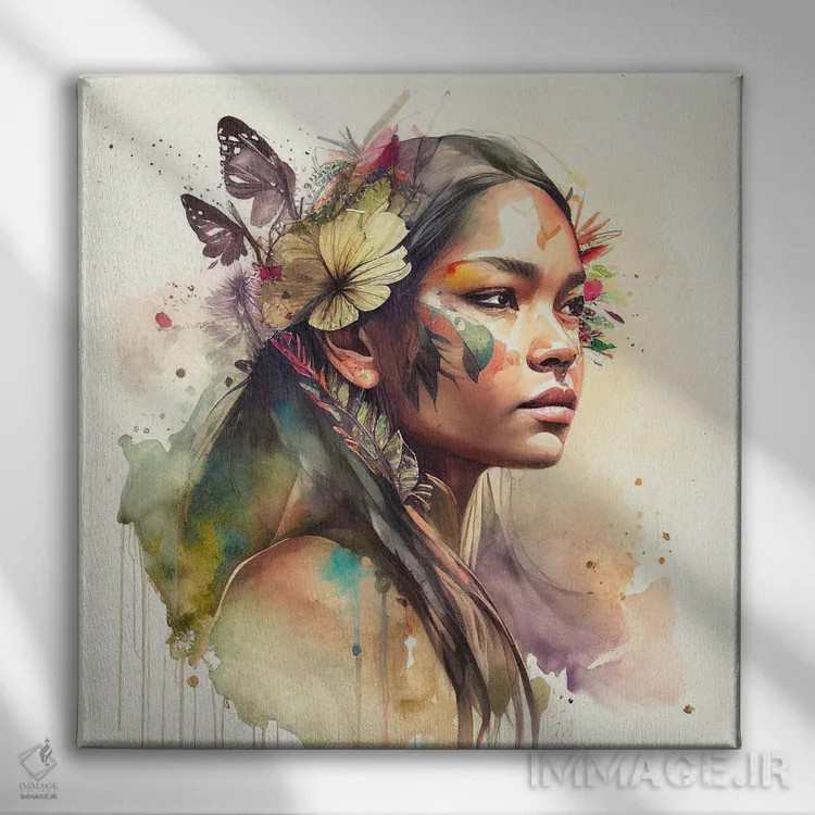 تابلو زن سرخپوست هندی با گلهای آبرنگی دوم اثر استودیو کروماتیک فیوژن - نمای روبهرو روی دیوار