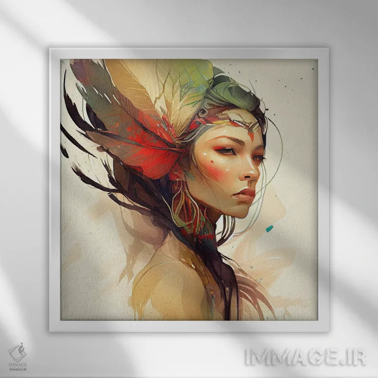 تابلو زن بومی هندی با گلهای آبرنگی ۱۴ اثر استودیو کروماتیک فیوژن - نمای قابدار سفید