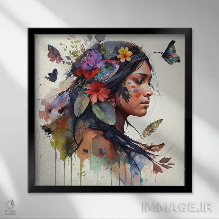 تابلو زن بومی هندی با گلهای آبرنگی ۱۵ اثر استودیو کروماتیک فیوژن - نمای قابدار مشکی