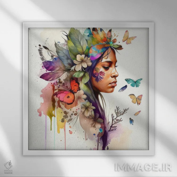 تابلو زن بومی هندی با گلهای آبرنگی ۱۰ اثر استودیو کروماتیک فیوژن - نمای قابدار سفید