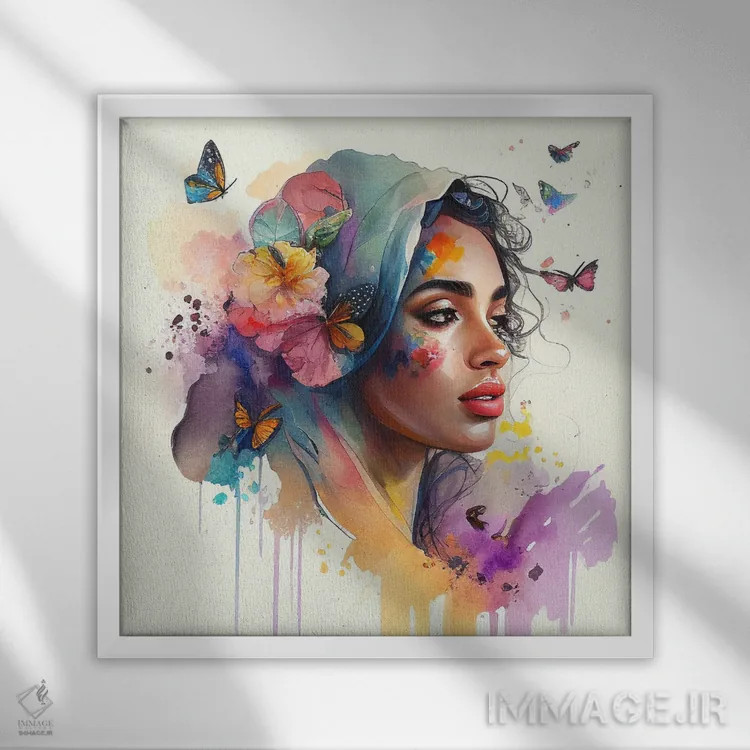 تابلو زن عرب با گلهای آبرنگی یکم اثر استودیو کروماتیک فیوژن - نمای قابدار سفید