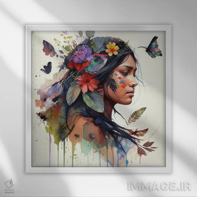 تابلو زن بومی هندی با گلهای آبرنگی ۱۵ اثر استودیو کروماتیک فیوژن - نمای قابدار سفید