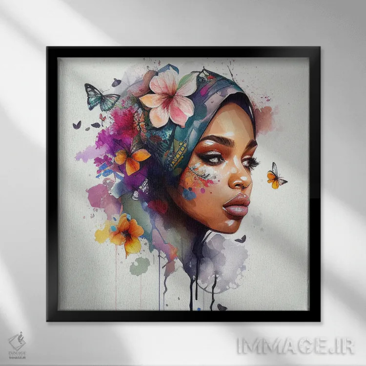 تابلو زن عرب با گلهای آبرنگی دوم اثر استودیو کروماتیک فیوژن - نمای قابدار مشکی