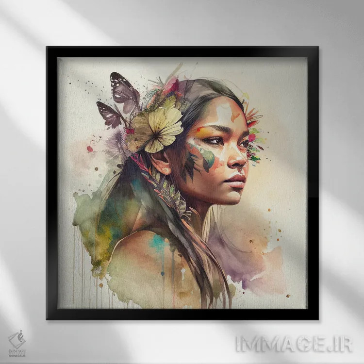 تابلو زن سرخپوست هندی با گلهای آبرنگی دوم اثر استودیو کروماتیک فیوژن - نمای قابدار مشکی