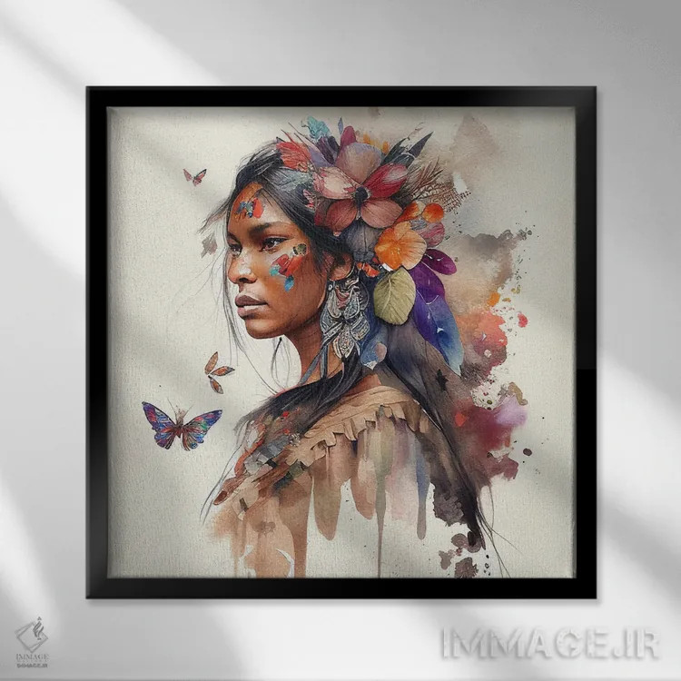 تابلو زن بومی هندی با گلهای آبرنگی ۹ اثر استودیو کروماتیک فیوژن - نمای قابدار مشکی