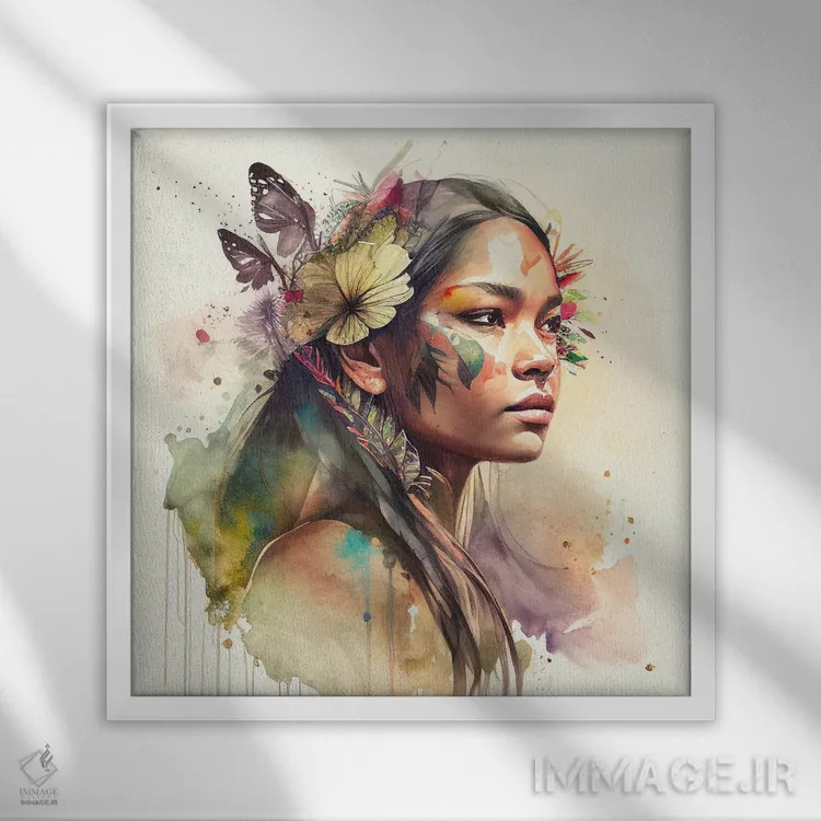تابلو زن سرخپوست هندی با گلهای آبرنگی دوم اثر استودیو کروماتیک فیوژن - نمای قابدار سفید