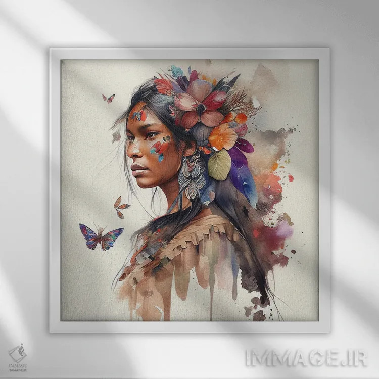 تابلو زن بومی هندی با گلهای آبرنگی ۹ اثر استودیو کروماتیک فیوژن - نمای قابدار سفید