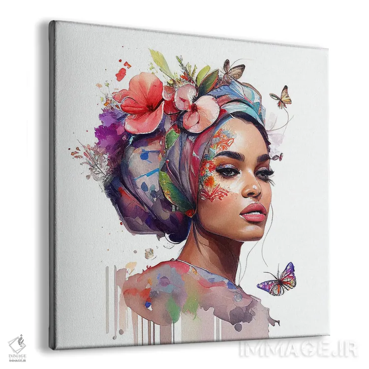 تابلو زن عرب با گلهای آبرنگی هفتم اثر استودیو کروماتیک فیوژن - نمای پرسپکتیو محصول