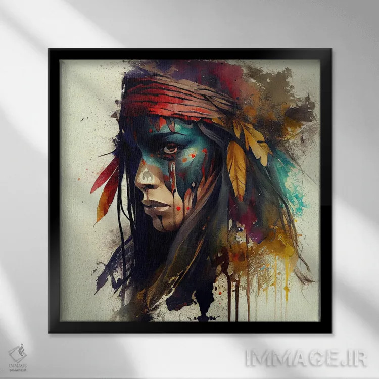 تابلو زن مبارز سرخپوست آمریکایی قدرتمند سوم اثر استودیو کروماتیک فیوژن - نمای قابدار مشکی