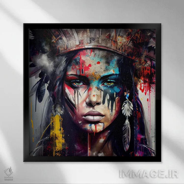 تابلو زن مبارز سرخپوست آمریکایی قدرتمند پنجم اثر استودیو کروماتیک فیوژن - نمای قابدار مشکی