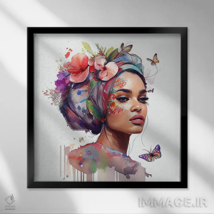 تابلو زن عرب با گلهای آبرنگی هفتم اثر استودیو کروماتیک فیوژن - نمای قابدار مشکی
