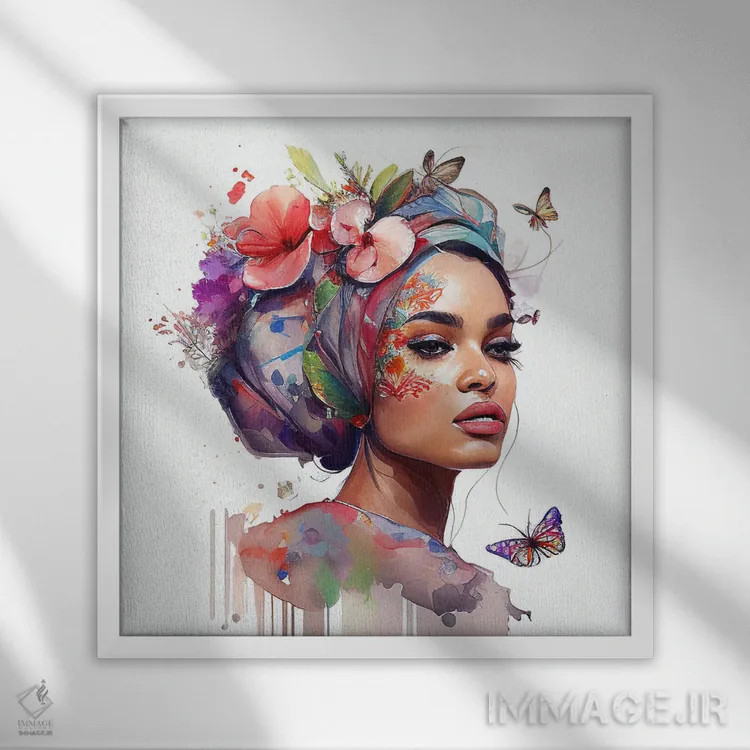 تابلو زن عرب با گلهای آبرنگی هفتم اثر استودیو کروماتیک فیوژن - نمای قابدار سفید