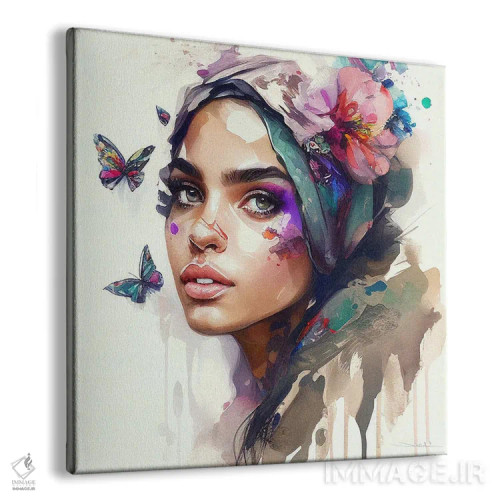 تابلو زن عرب با گلهای آبرنگی هشتم اثر استودیو کروماتیک فیوژن - نمای پرسپکتیو محصول