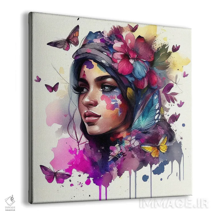 تابلو زن عرب با گلهای آبرنگی نهم اثر استودیو کروماتیک فیوژن - نمای پرسپکتیو محصول