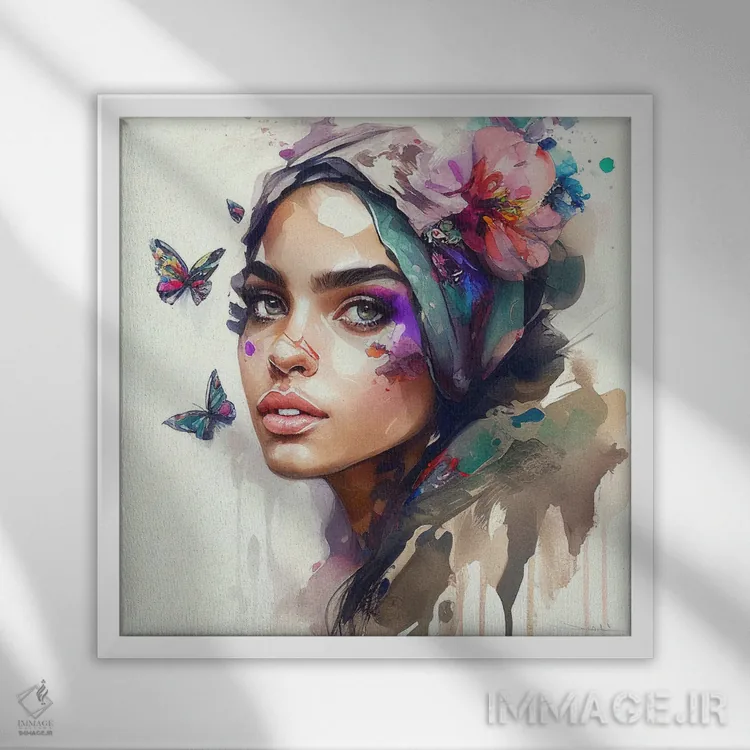 تابلو زن عرب با گلهای آبرنگی هشتم اثر استودیو کروماتیک فیوژن - نمای قابدار سفید