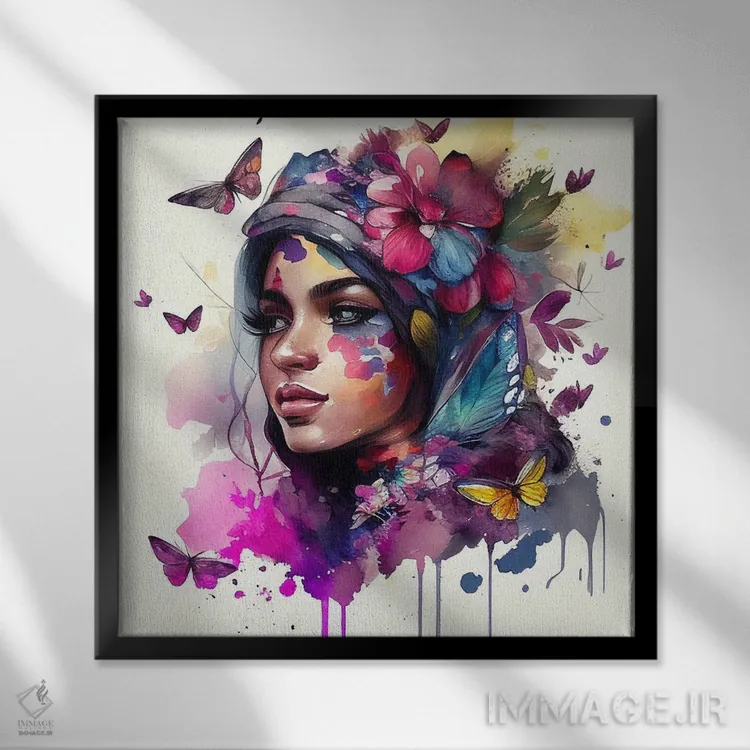 تابلو زن عرب با گلهای آبرنگی نهم اثر استودیو کروماتیک فیوژن - نمای قابدار مشکی