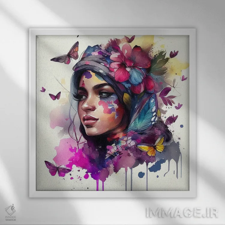 تابلو زن عرب با گلهای آبرنگی نهم اثر استودیو کروماتیک فیوژن - نمای قابدار سفید