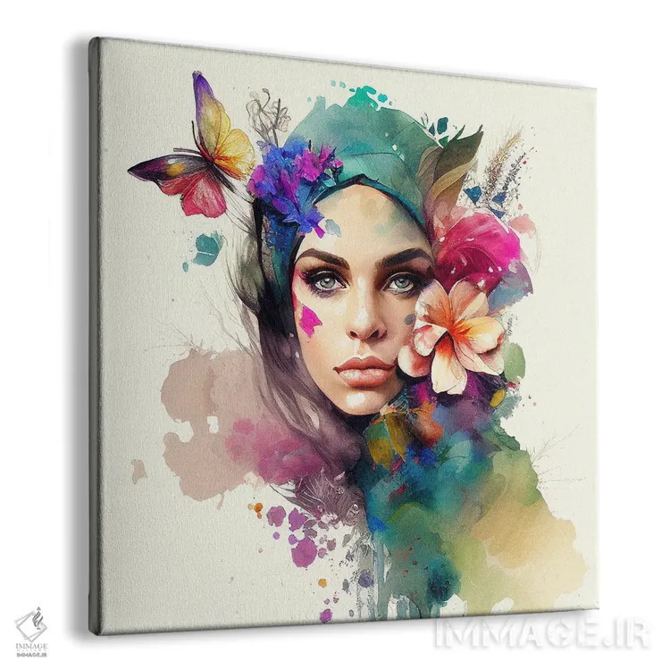 تابلو زن عرب با گلهای آبرنگی دهم اثر استودیو کروماتیک فیوژن - نمای پرسپکتیو محصول