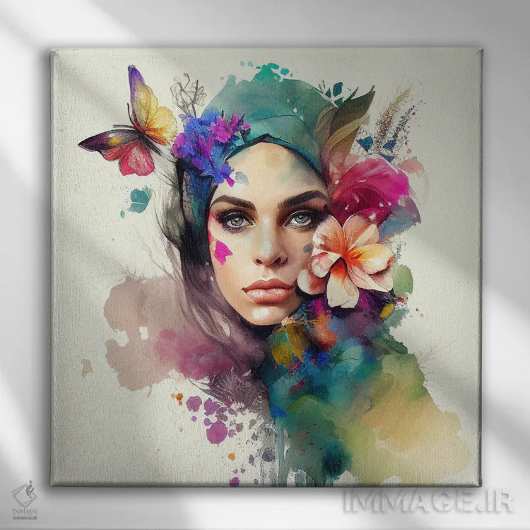 تابلو زن عرب با گلهای آبرنگی دهم اثر استودیو کروماتیک فیوژن - نمای روبهرو روی دیوار