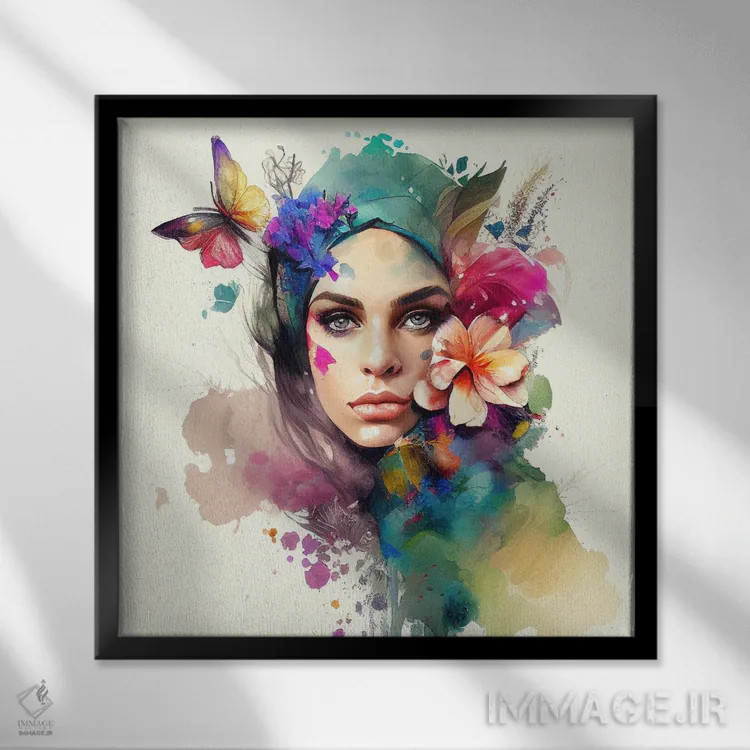 تابلو زن عرب با گلهای آبرنگی دهم اثر استودیو کروماتیک فیوژن - نمای قابدار مشکی