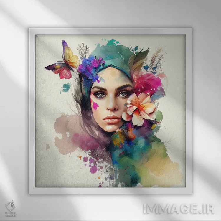 تابلو زن عرب با گلهای آبرنگی دهم اثر استودیو کروماتیک فیوژن - نمای قابدار سفید
