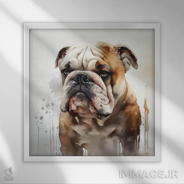 تابلو سگ بولداگ بریتانیایی آبرنگی اثر استودیو کروماتیک فیوژن - نمای قابدار سفید