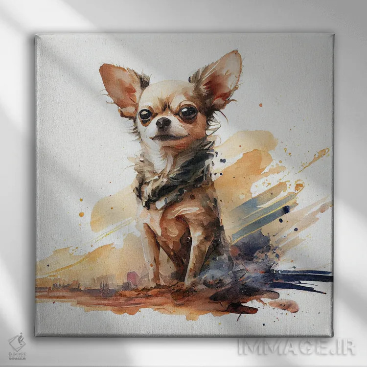 تابلو سگ چیهواهوا آبرنگی اثر استودیو کروماتیک فیوژن - نمای روبهرو روی دیوار