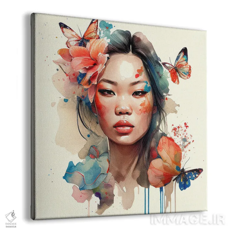 تابلو زن آسیایی با گلهای آبرنگی یکم اثر استودیو کروماتیک فیوژن - نمای پرسپکتیو محصول