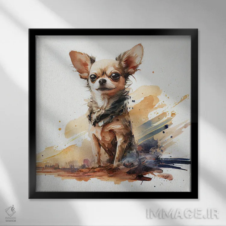تابلو سگ چیهواهوا آبرنگی اثر استودیو کروماتیک فیوژن - نمای قابدار مشکی