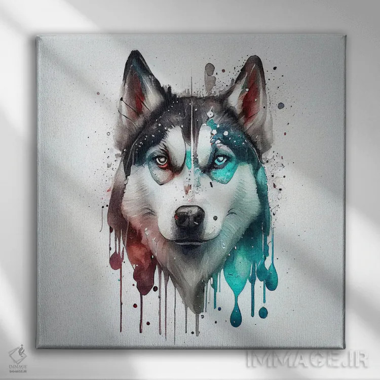 تابلو سگ هاسکی سیبریایی آبرنگی یکم اثر استودیو کروماتیک فیوژن - نمای روبهرو روی دیوار