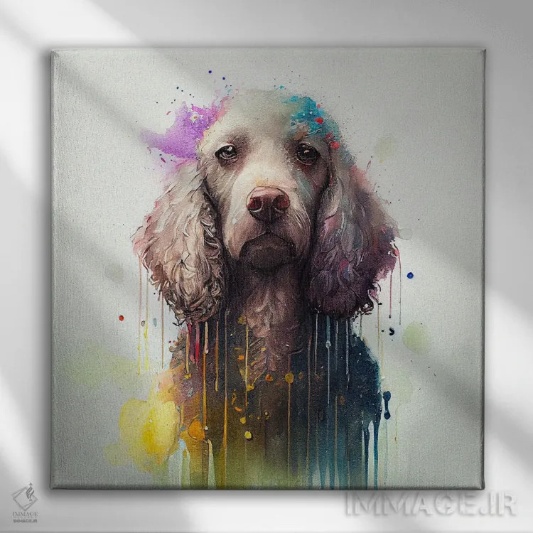 تابلو سگ پودل آبرنگی اثر استودیو کروماتیک فیوژن - نمای روبهرو روی دیوار