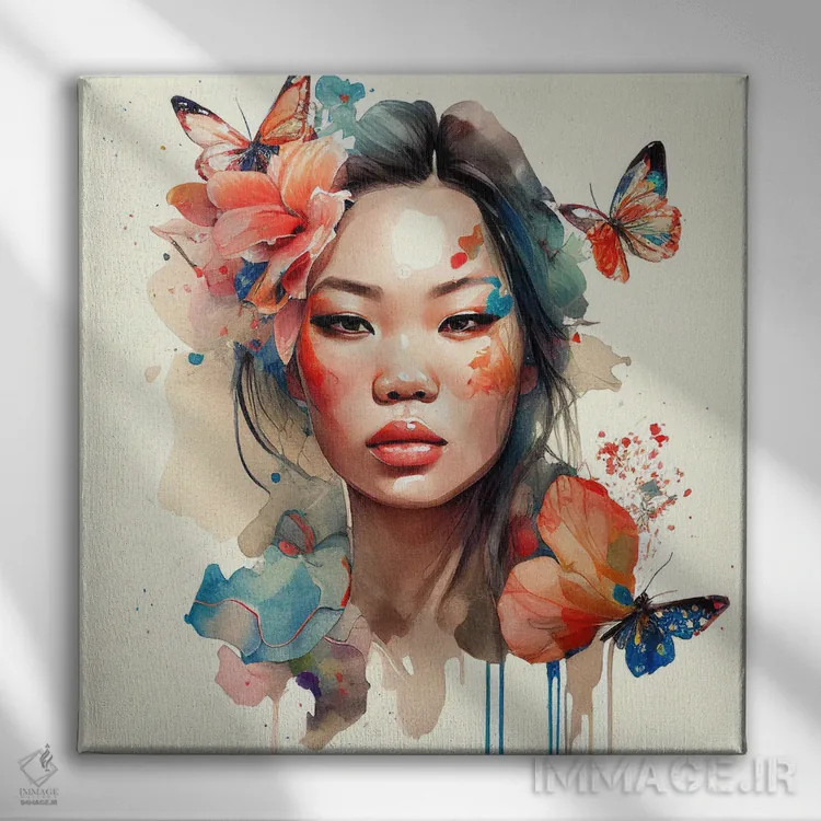 تابلو زن آسیایی با گلهای آبرنگی یکم اثر استودیو کروماتیک فیوژن - نمای روبهرو روی دیوار
