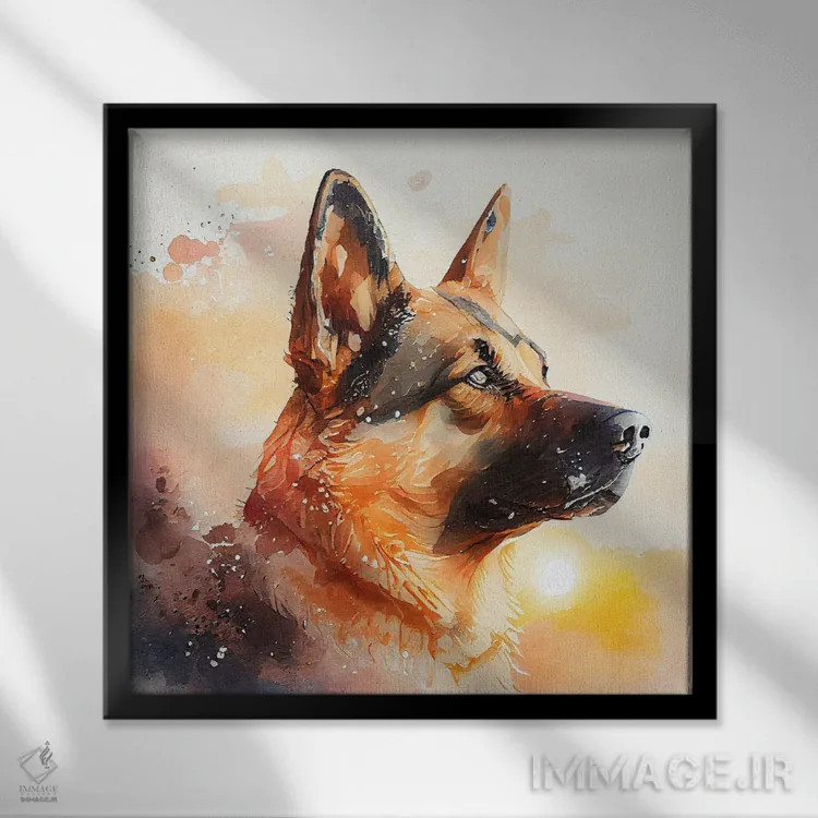 تابلو سگ ژرمن شپرد آبرنگی اثر استودیو کروماتیک فیوژن - نمای قابدار مشکی