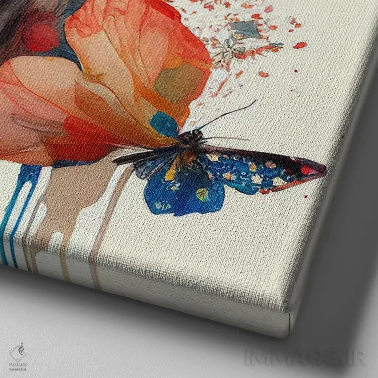 تابلو زن آسیایی با گلهای آبرنگی یکم اثر استودیو کروماتیک فیوژن - نمای نزدیک بافت بوم