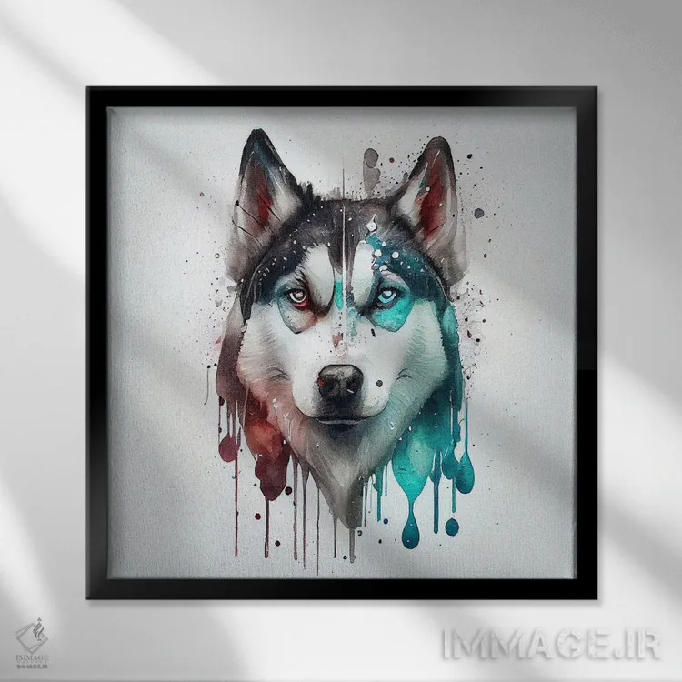 تابلو سگ هاسکی سیبریایی آبرنگی یکم اثر استودیو کروماتیک فیوژن - نمای قابدار مشکی