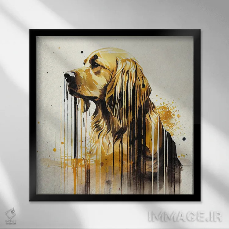 تابلو سگ گلدن رتریور آبرنگی اثر استودیو کروماتیک فیوژن - نمای قابدار مشکی
