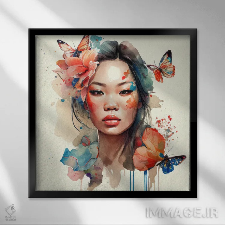 تابلو زن آسیایی با گلهای آبرنگی یکم اثر استودیو کروماتیک فیوژن - نمای قابدار مشکی