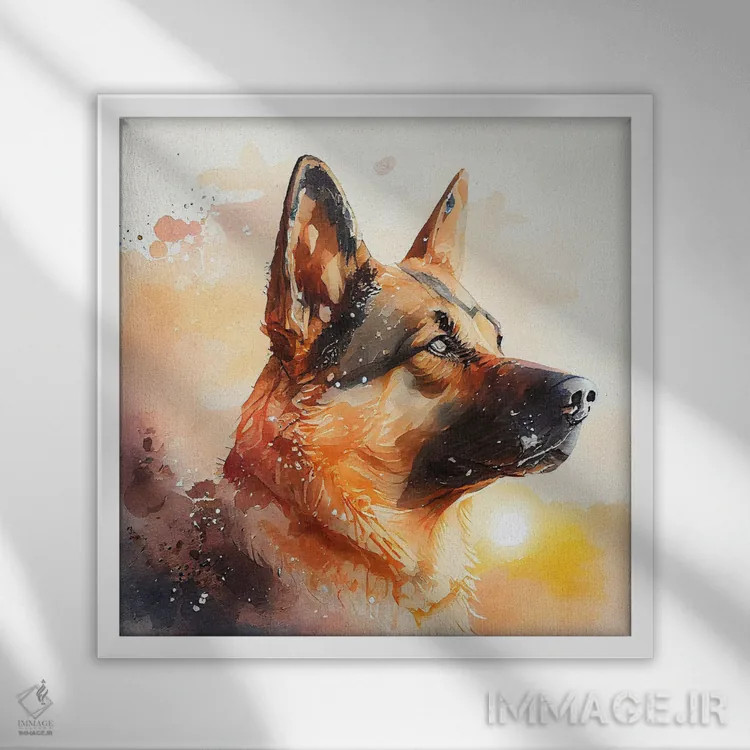 تابلو سگ ژرمن شپرد آبرنگی اثر استودیو کروماتیک فیوژن - نمای قابدار سفید