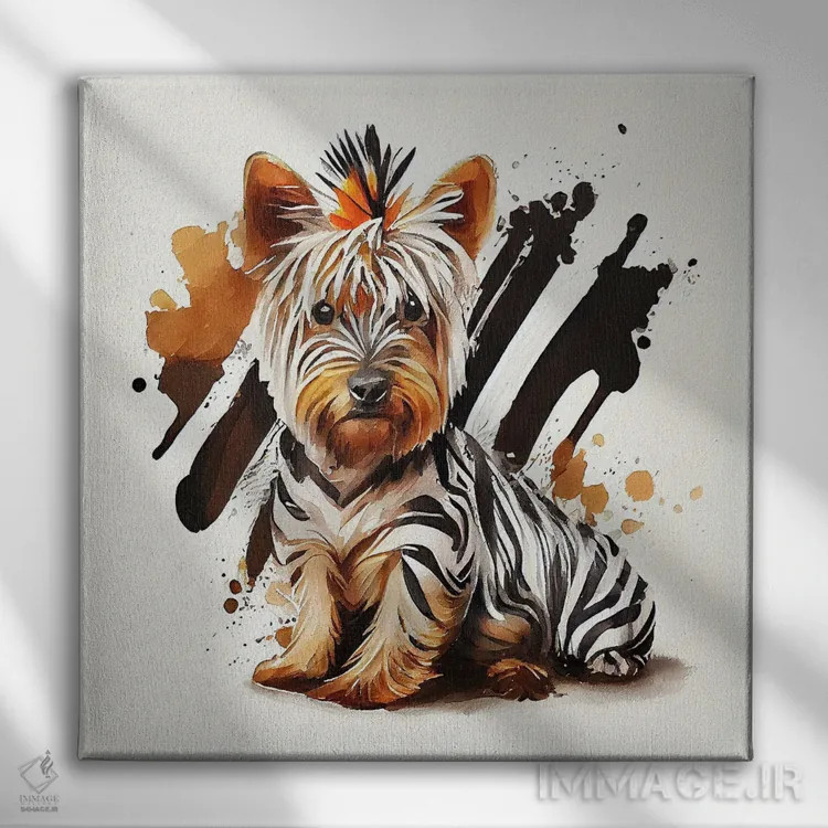 تابلو سگ یورکشایر تریر آبرنگی اثر استودیو کروماتیک فیوژن - نمای روبهرو روی دیوار