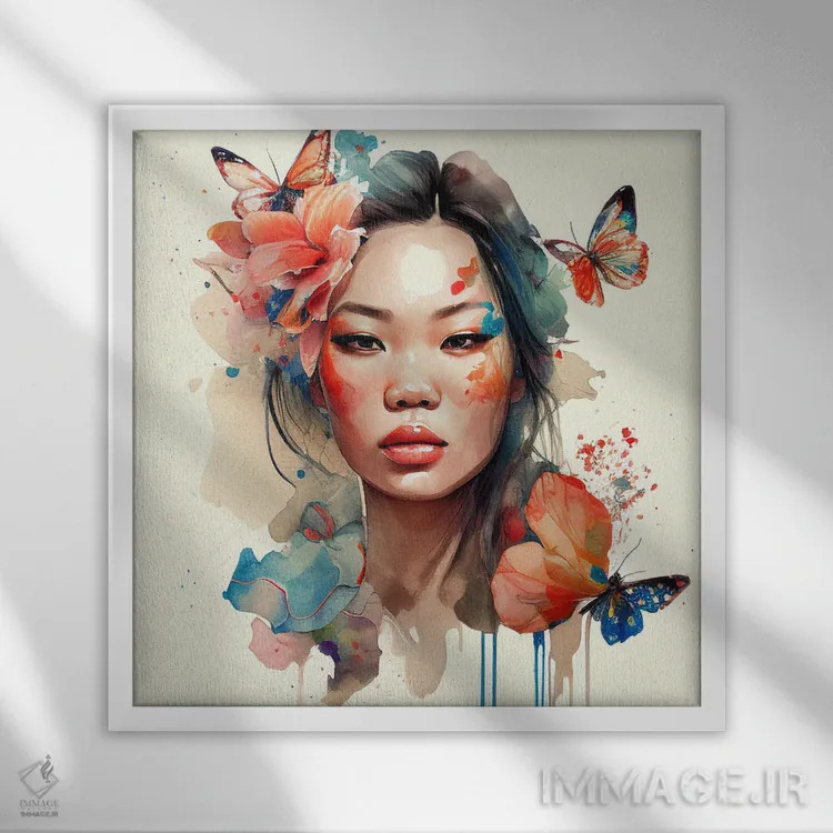 تابلو زن آسیایی با گلهای آبرنگی یکم اثر استودیو کروماتیک فیوژن - نمای قابدار سفید