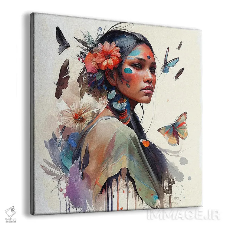 تابلو زن سرخپوست هندی با گلهای آبرنگی سوم اثر استودیو کروماتیک فیوژن - نمای پرسپکتیو محصول